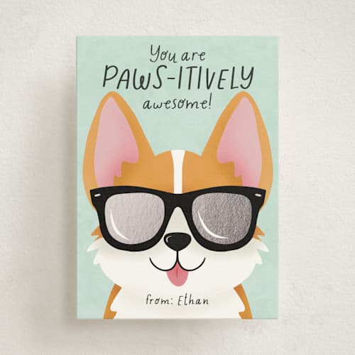 This is a seafoam kids valentines day cards with foil pressed by Randi Cirelli called pawsitively awesome printing on signature in standard