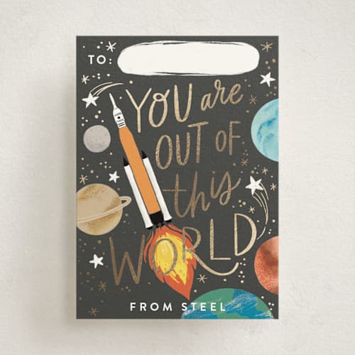 This is a sunshine kids valentines day cards with foil pressed by Alethea and Ruth called out of this world rocket printing on signature in standard