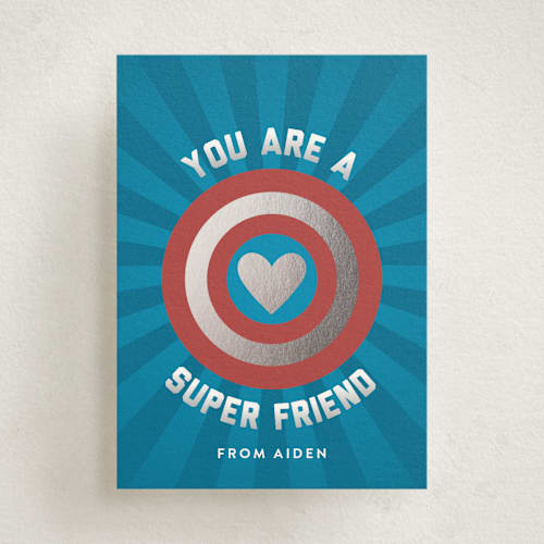 This is a aquarium kids valentines day cards with foil pressed by Shari Margolin called super friend printing on signature in standard