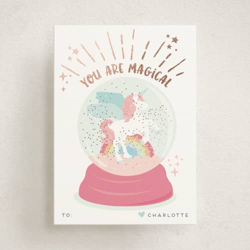 This is a candy kids valentines day cards with foil pressed by peetie design called magic glitter unicorn printing on signature in standard