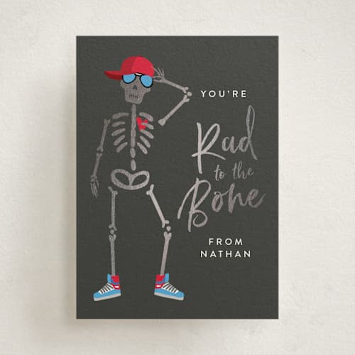 This is a crimson kids valentines day cards with foil pressed by Joanna Griffin called rad to the bone printing on signature in standard