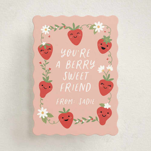 This is a peach kids valentines day cards with standard by Annie Holmquist called berry sweet printing on signature in standard