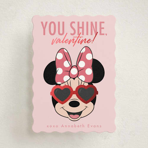 This is a bubblegum kids valentines day cards with foil pressed by Kacey Kendrick Wagner called shine bright disney minnie mouse printing on signature in standard