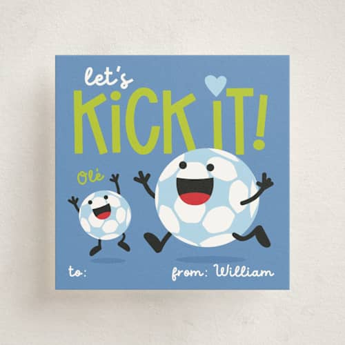 This is a sky kids valentines day cards with standard by Terri Trigger called let's kick it! printing on signature in standard