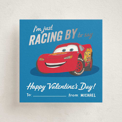 This is a pond kids valentines day cards with foil pressed by Creo Study called race car wish printing on signature in standard