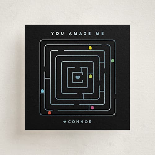 This is a ebony kids valentines day cards with foil pressed by Lori Wemple called retro maze printing on signature in standard