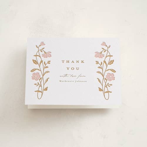 This is a peony | saffron baby shower thank you cards with letterpress by Everett Paper Goods called mirror floral printing on coventry320 in standard