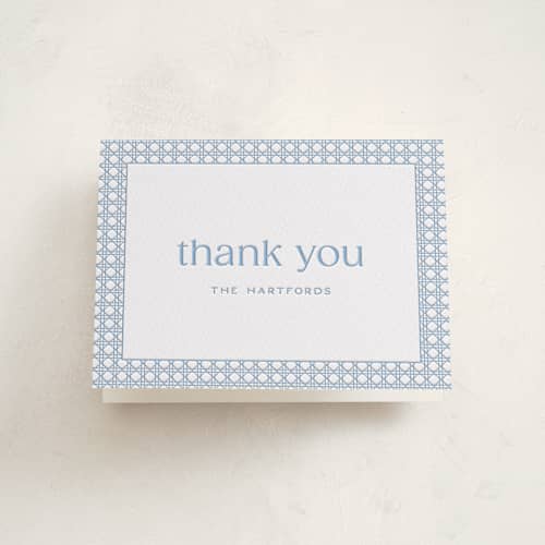 This is a smoke | olive baby shower thank you cards with letterpress by Ellen Schlegelmilch called delicate rattan printing on coventry320 in standard