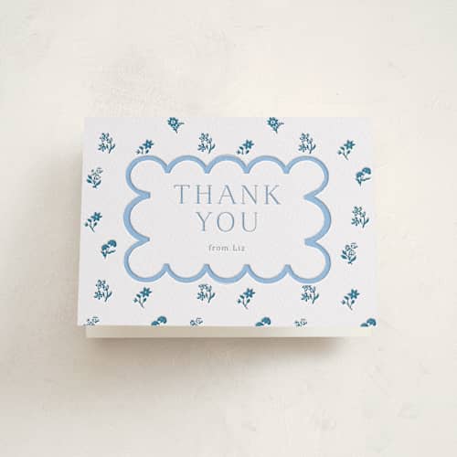This is a robin's egg | marine blue baby shower thank you cards with letterpress by Hannah Bowman called petite jolie printing on coventry320 in standard