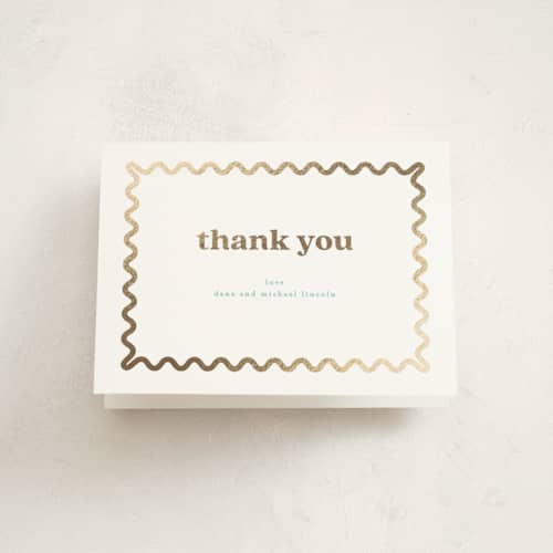 This is a pearl baby thank you cards with foil pressed by Creo Study called glimmering ric-rac printing on strathmore in standard