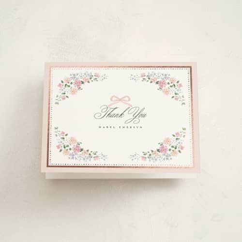 This is a blush baby thank you cards with foil pressed by Itsy Belle Studio called merie printing on strathmore in standard
