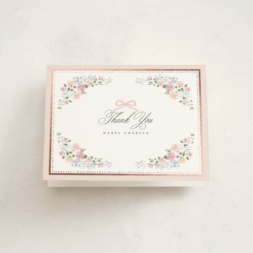 This is a blush baby thank you cards with foil pressed by Itsy Belle Studio called merie printing on strathmore in standard