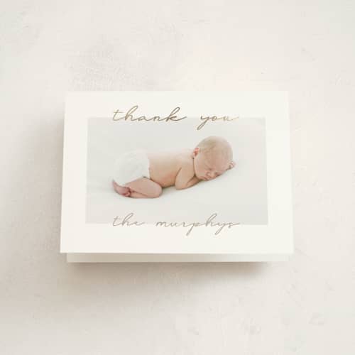 This is a powder baby thank you cards with foil pressed by Creo Study called border script printing on strathmore in standard