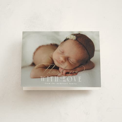 This is a marshmallow baby thank you cards with foil pressed by Everett Paper Goods called cara printing on strathmore in standard