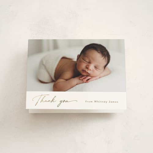 This is a sand baby thank you cards with foil pressed by Carolyn MacLaren called appeal printing on strathmore in standard