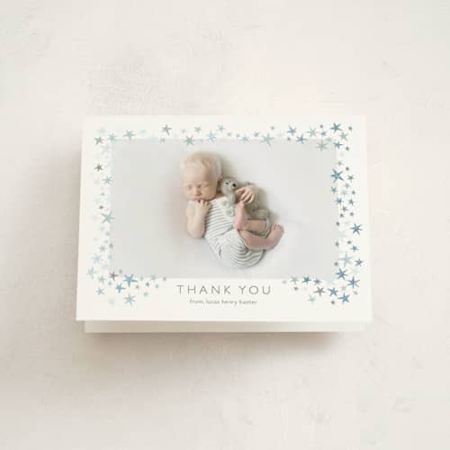 This is a cloud baby thank you cards with foil pressed by Townsend Majors called shining star printing on strathmore in standard