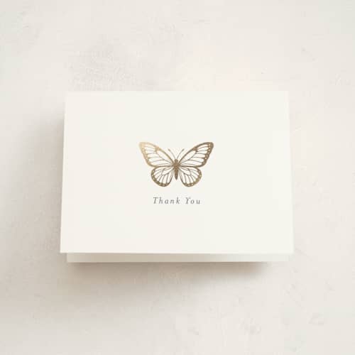 This is a lilac baby thank you cards with foil pressed by Heather Schertzer called butterfly thanks printing on strathmore in standard