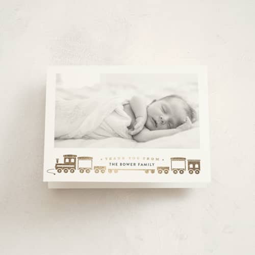 This is a chalk baby thank you cards with foil pressed by Rebecca Durflinger called welcome aboard! printing on strathmore in standard