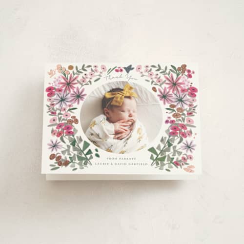 This is a rose baby thank you cards with foil pressed by Morgan Ramberg called blossom baby printing on strathmore in standard