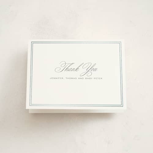 This is a cement baby thank you cards with foil pressed by Megan Davis called scholarly charm printing on strathmore in standard