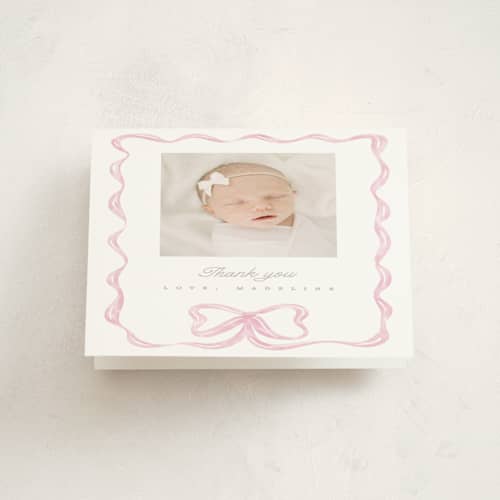 This is a peony baby thank you cards with standard by Creo Study called squiggle bow printing on strathmore in standard