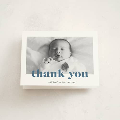 This is a bluebird baby thank you cards with standard by Shirley Lin Schneider called bold nickname printing on strathmore in standard