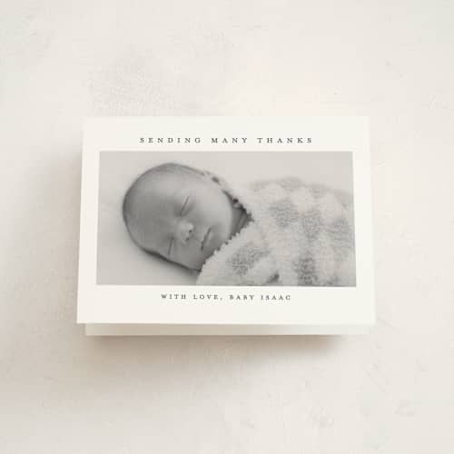 This is a navy baby thank you cards with standard by Jennifer Postorino called minimalist printing on strathmore in standard
