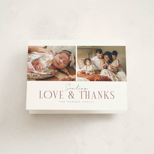 This is a rose baby thank you cards with standard by Michelle Taylor called cheer all year printing on strathmore in standard