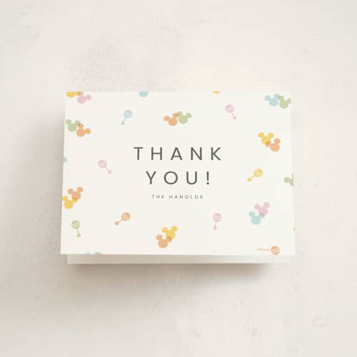 This is a candy baby thank you cards with standard by Ellen Schlegelmilch called disney's mickey confetti printing on strathmore in standard