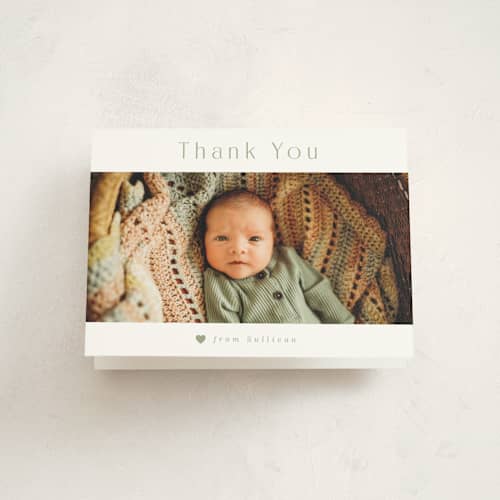 This is a sage baby thank you cards with standard by Hudson meet Rose called welcome home printing on strathmore in standard