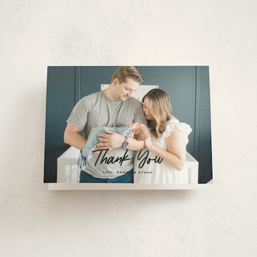 This is a volcano baby thank you cards with standard by Owl and Toad called just the facts printing on strathmore in standard