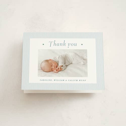 This is a baby blue baby thank you cards with standard by Alston Foster called sweet stripes printing on strathmore in standard