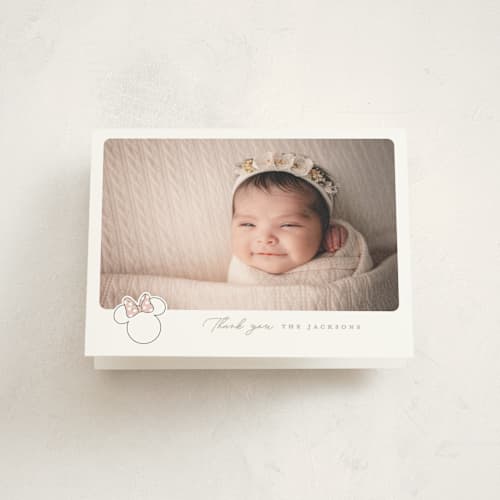 This is a peony baby thank you cards with standard by Creo Study called disney's minnie's bow printing on strathmore in standard