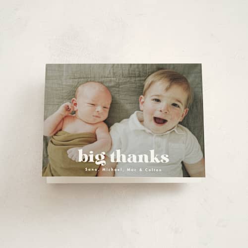 This is a cotton baby thank you cards with standard by Corinne Malesic called dynamic duo printing on strathmore in standard