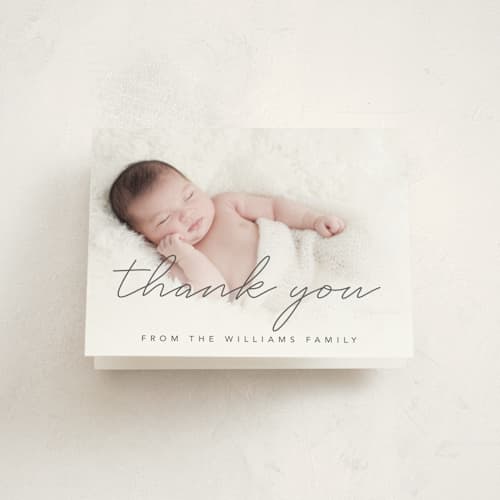 This is a graphite baby thank you cards with standard by Megan Cash called marlow printing on strathmore in standard