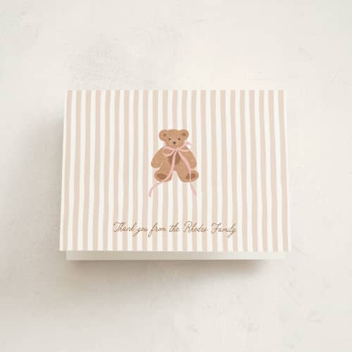 This is a pinky baby thank you cards with standard by Erin German called teddy bear stripes printing on strathmore in standard