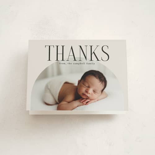 This is a cream baby thank you cards with standard by Brianne Larsen called round printing on strathmore in standard