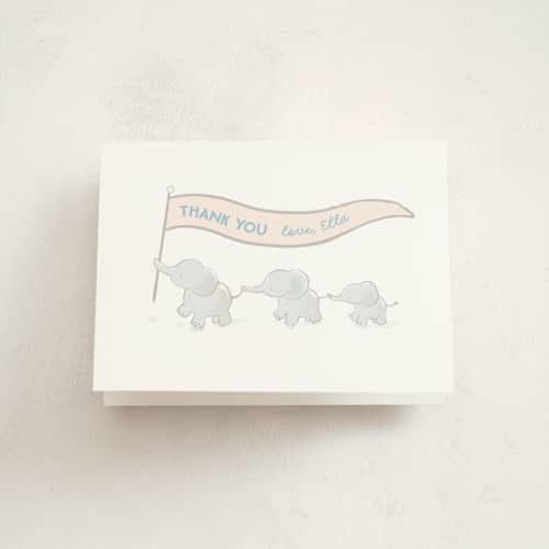 This is a sky baby thank you cards with standard by peetie design called elephant parade printing on strathmore in standard