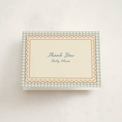 This is a pond baby thank you cards with standard by Creo Study called vintage placemat printing on strathmore in standard