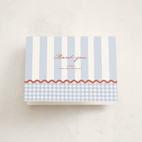 This is a nautical baby thank you cards with standard by Corinne Malesic called ricrac gingham printing on strathmore in standard