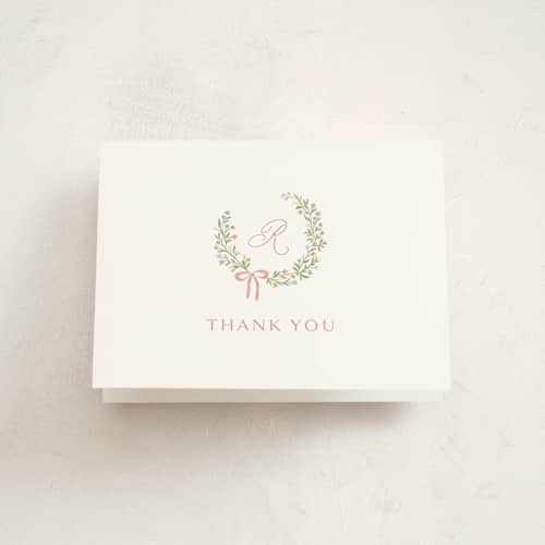 This is a watermelon baby thank you cards with standard by Katherine Moynagh called sweet monogrammed wreath printing on strathmore in standard