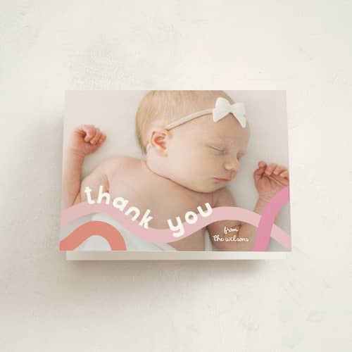 This is a peach sherbet baby thank you cards with standard by Lauren Chism called wiggle worm printing on strathmore in standard
