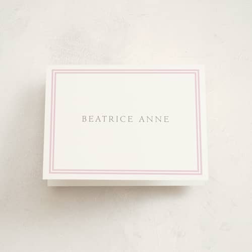 This is a ballet slipper baby thank you cards with standard by Megan Davis called frolic printing on strathmore in standard