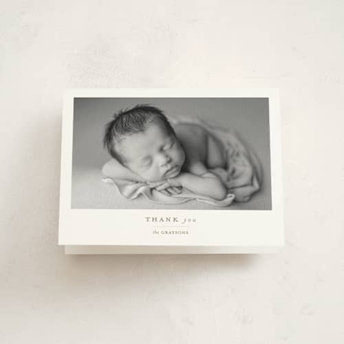 This is a sand baby thank you cards with standard by Alexandra Cohn called modern grid printing on strathmore in standard