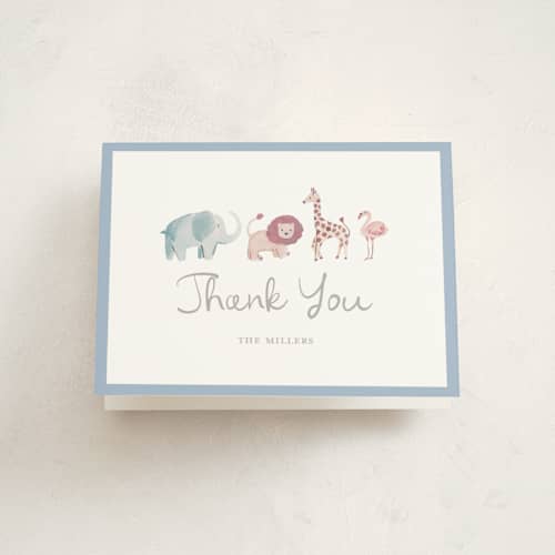 This is a sky baby thank you cards with standard by Teju Reval called safari friends printing on strathmore in standard