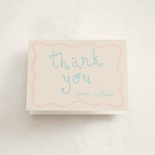 This is a blush baby thank you cards with standard by Morgan Kendall called frosting printing on strathmore in standard