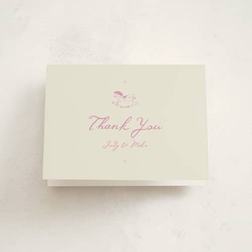This is a petal baby thank you cards with standard by Jen Ramsey called baby rocking horse printing on strathmore in standard