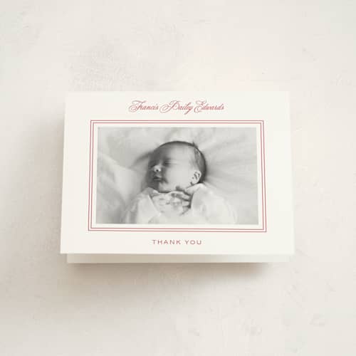 This is a strawberry baby thank you cards with standard by Carolyn MacLaren called preppy cloud printing on strathmore in standard