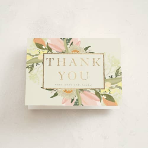 This is a sherbert thank you cards with foil pressed by Grace Kreinbrink called shimmering floral one printing on strathmore in standard