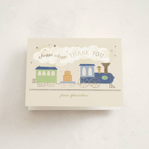 This is a cream thank you cards with foil pressed by Kiersten Garner called chugga chugga two two printing on strathmore in standard